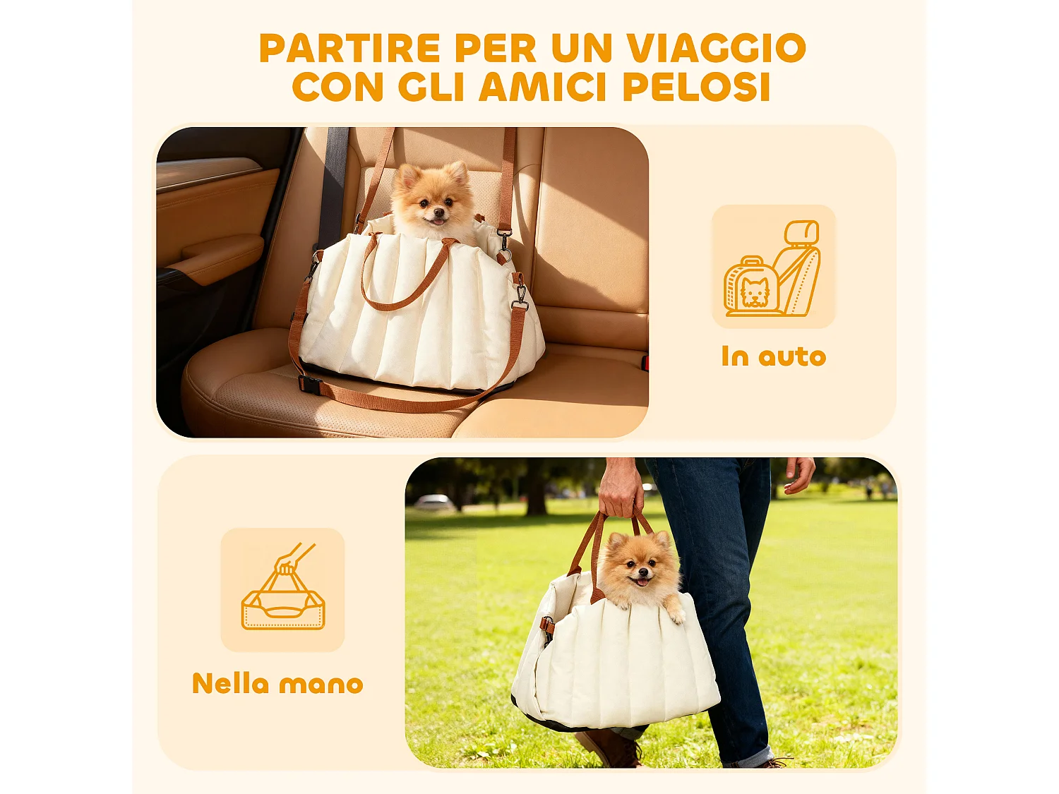 Seggiolino auto per cani piccoli antiscivolo con guinzaglio crema