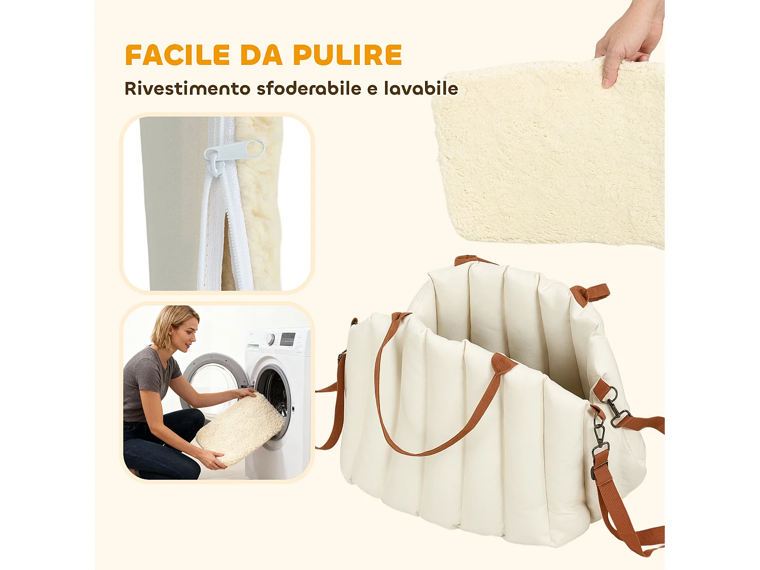 Seggiolino auto per cani piccoli antiscivolo con guinzaglio crema