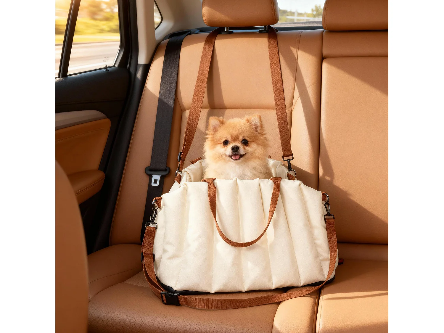 Seggiolino auto per cani piccoli antiscivolo con guinzaglio crema