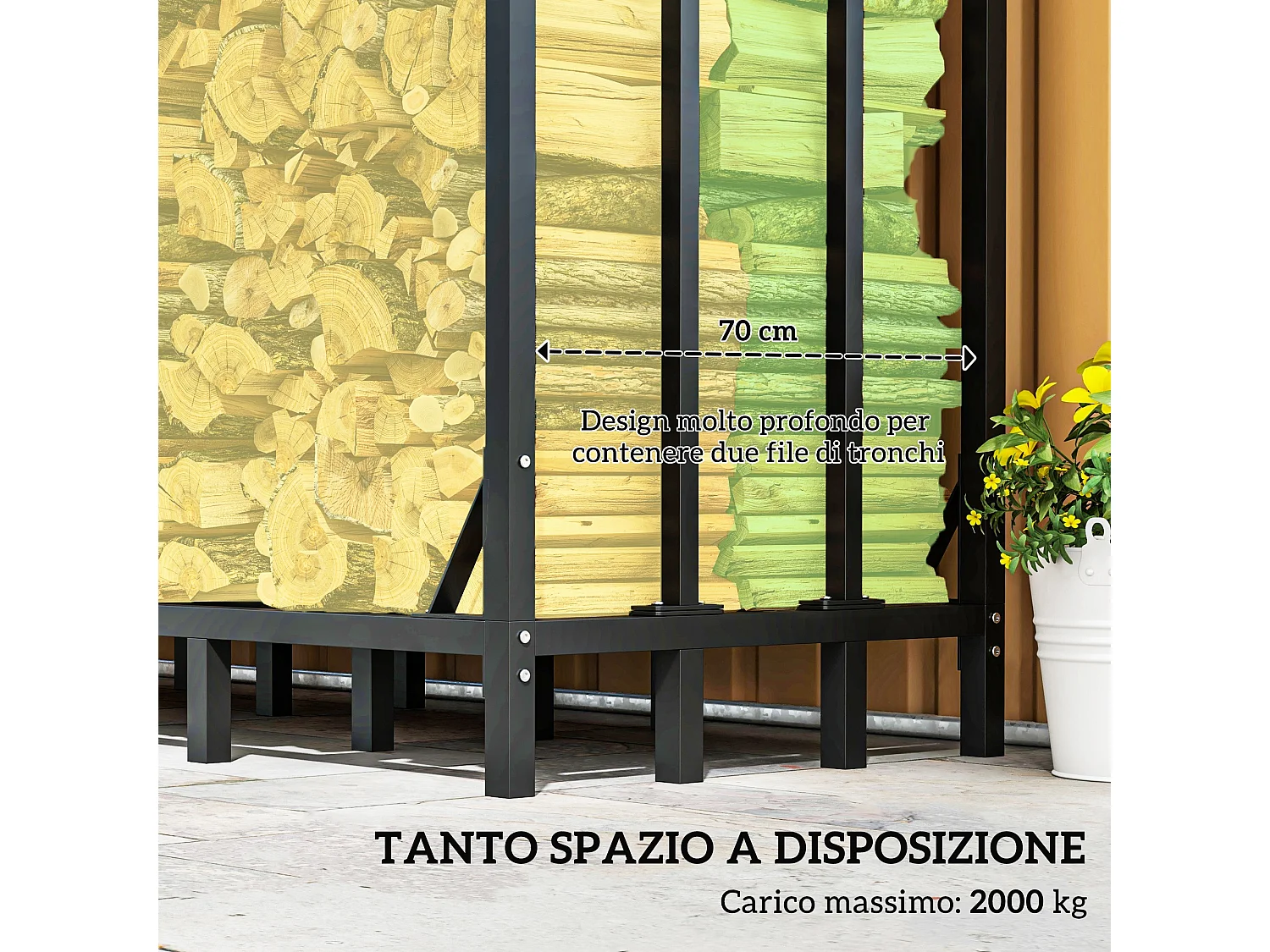 Portalegna da esterno con copertura capacità 2000kg in metallo nero