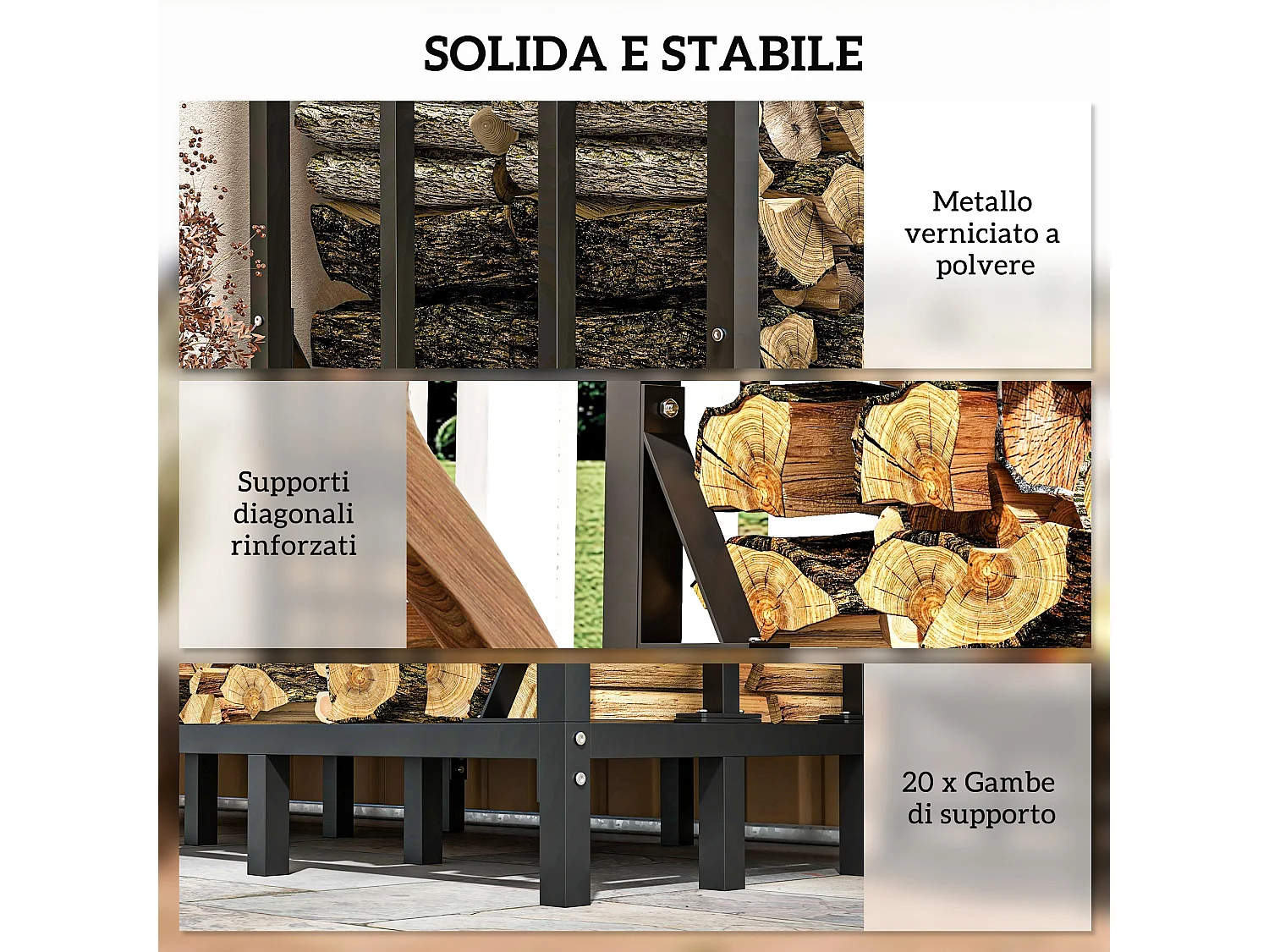 Portalegna da esterno con copertura capacità 2000kg in metallo nero