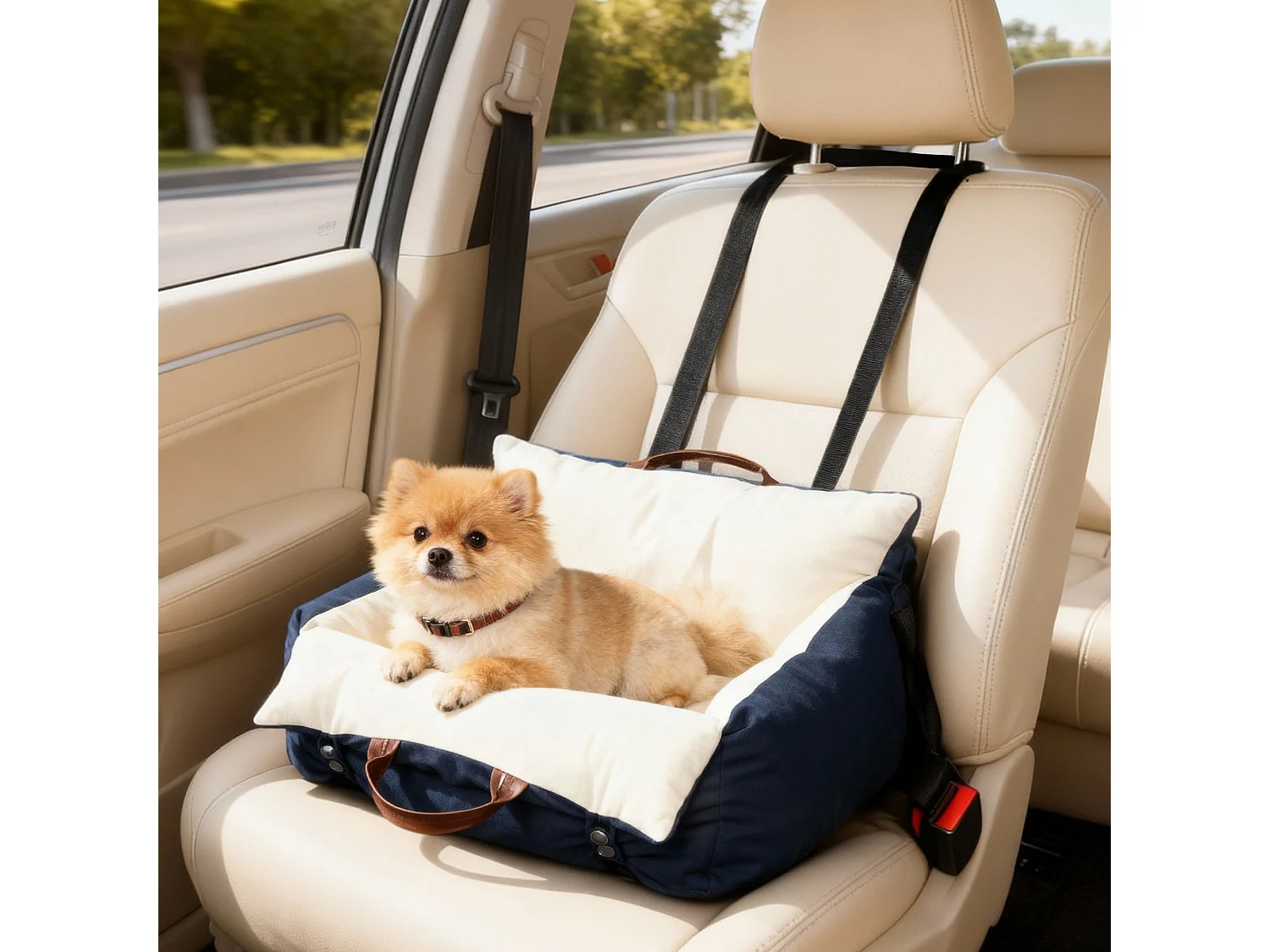 Seggiolino auto per cani con guinzaglio e sfoderabile blu navy