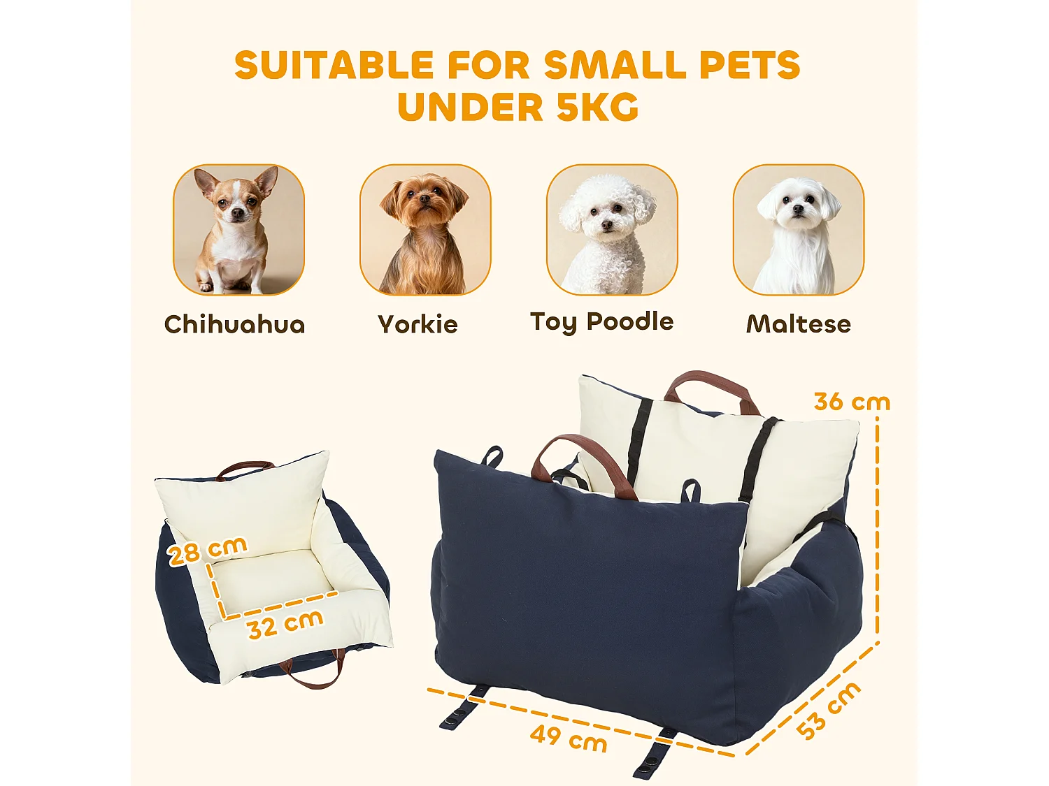 Seggiolino auto per cani con guinzaglio e sfoderabile blu navy