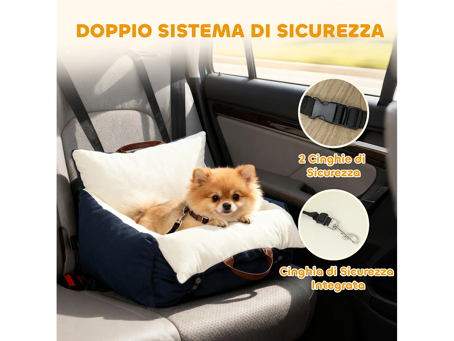 Seggiolino auto per cani con guinzaglio e sfoderabile blu navy