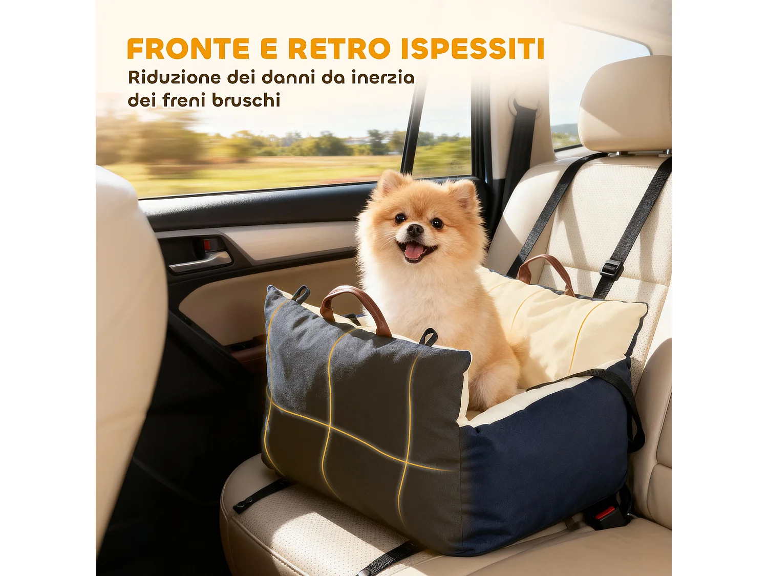 Seggiolino auto per cani con guinzaglio e sfoderabile blu navy