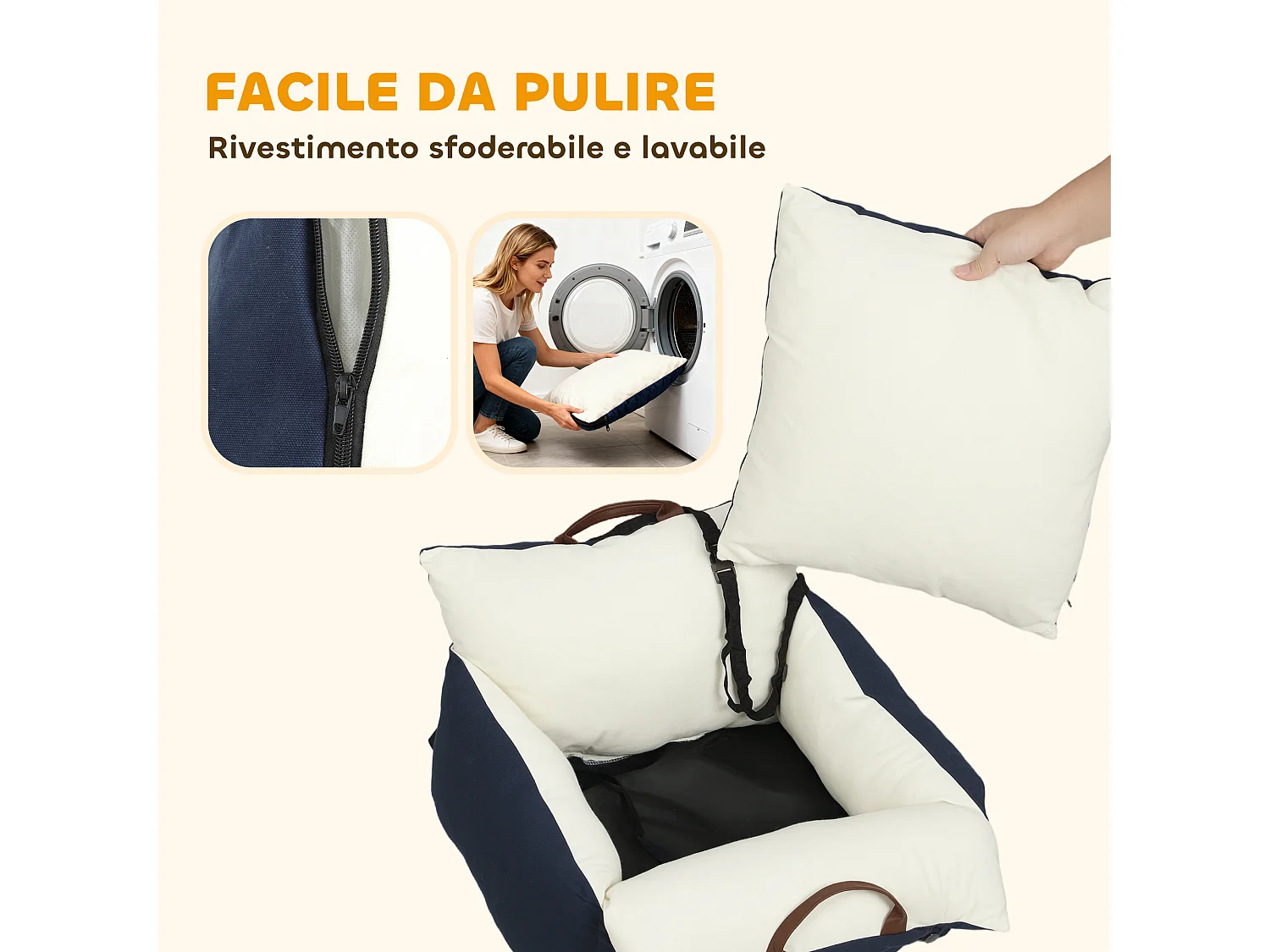 Seggiolino auto per cani con guinzaglio e sfoderabile blu navy