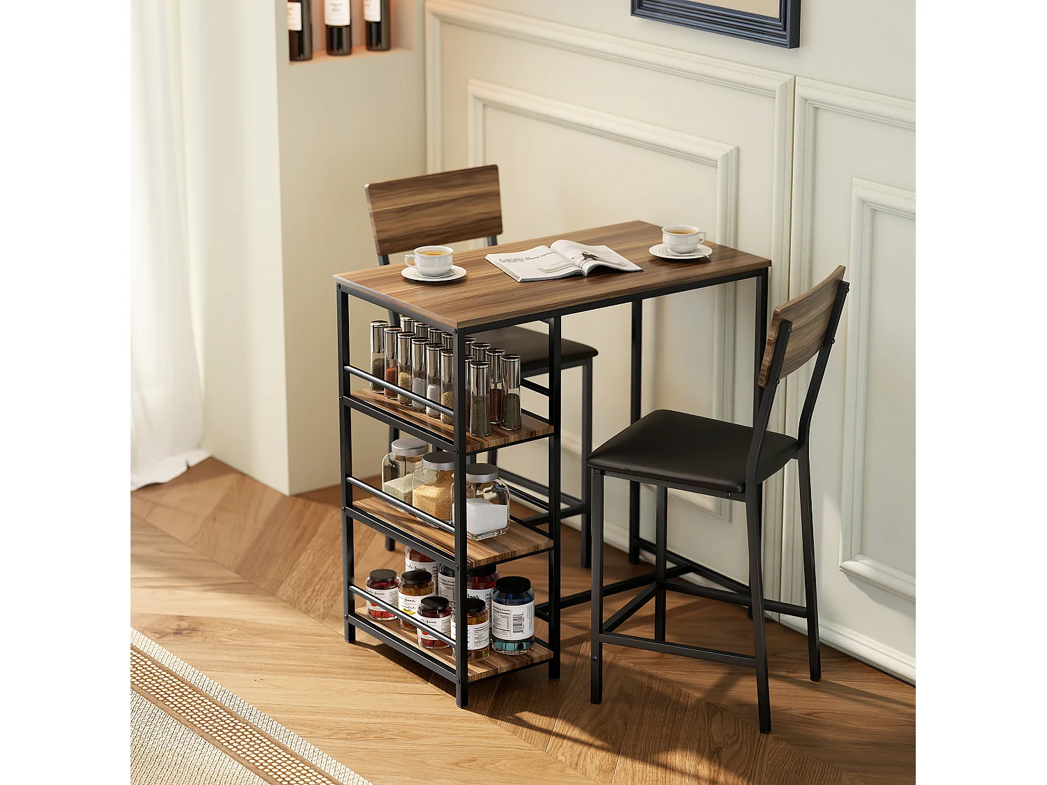 Tavolo bar con 2 sgabelli con 3 ripiani schienale e imbottitura pelle pu