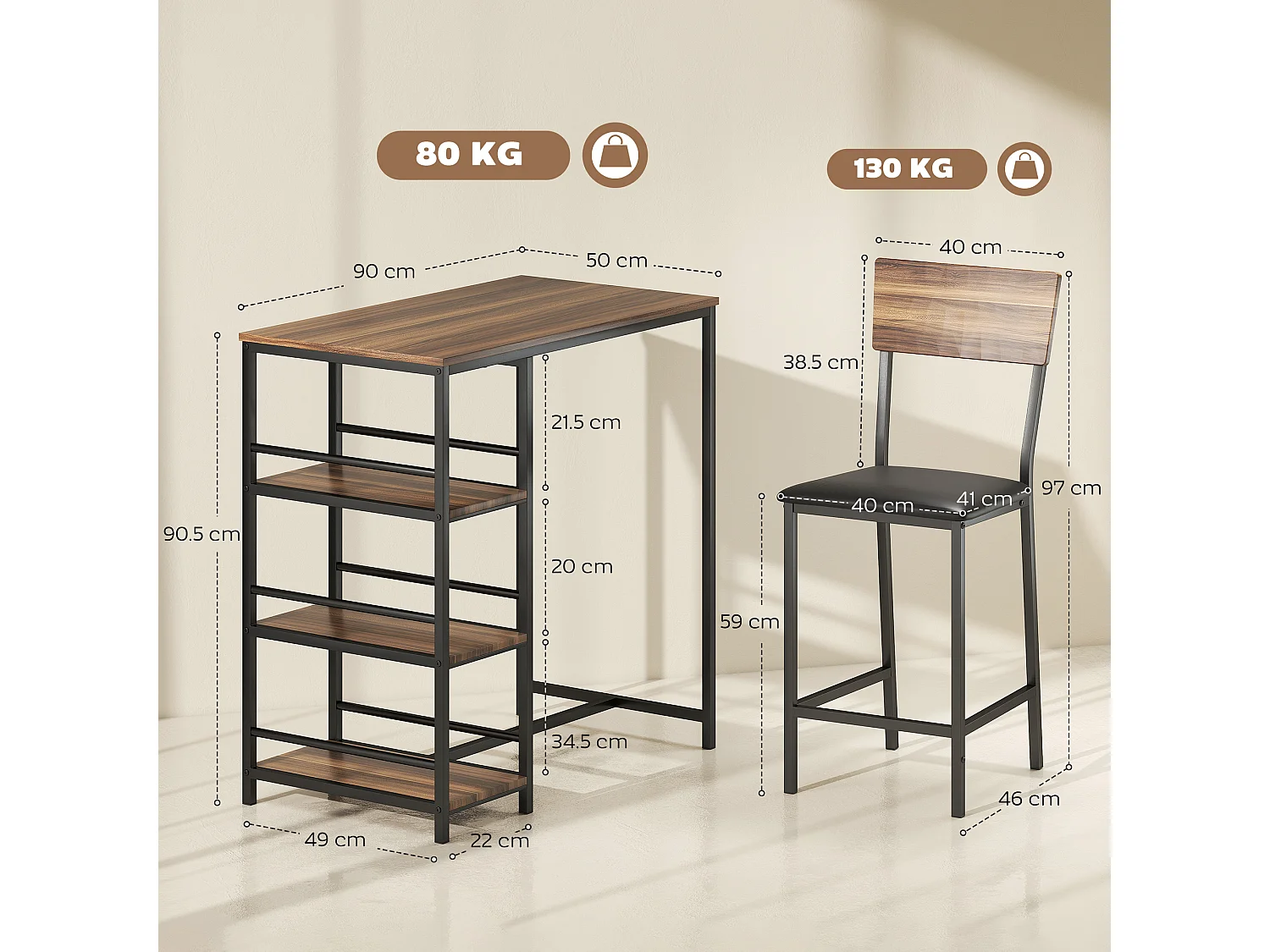 Tavolo bar con 2 sgabelli con 3 ripiani schienale e imbottitura pelle pu