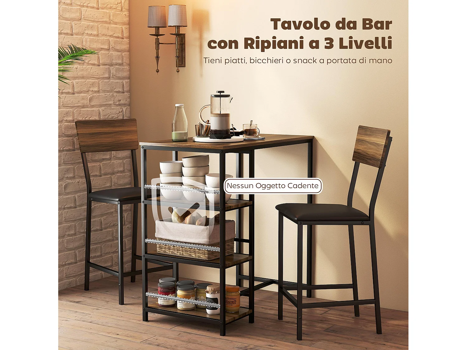 Tavolo bar con 2 sgabelli con 3 ripiani schienale e imbottitura pelle pu