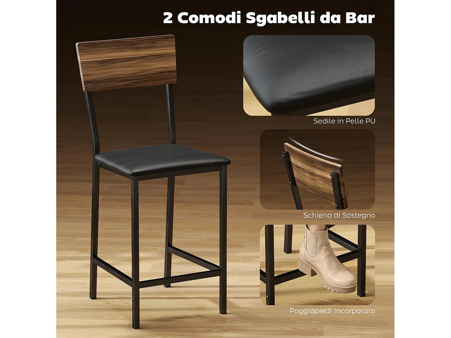 Tavolo bar con 2 sgabelli con 3 ripiani schienale e imbottitura pelle pu