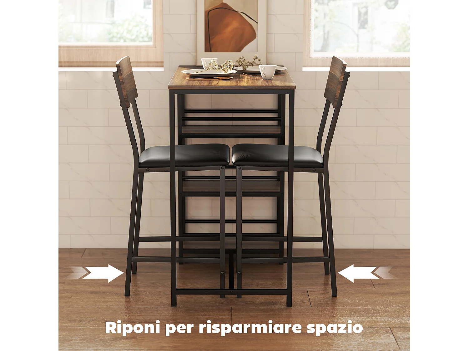 Tavolo bar con 2 sgabelli con 3 ripiani schienale e imbottitura pelle pu