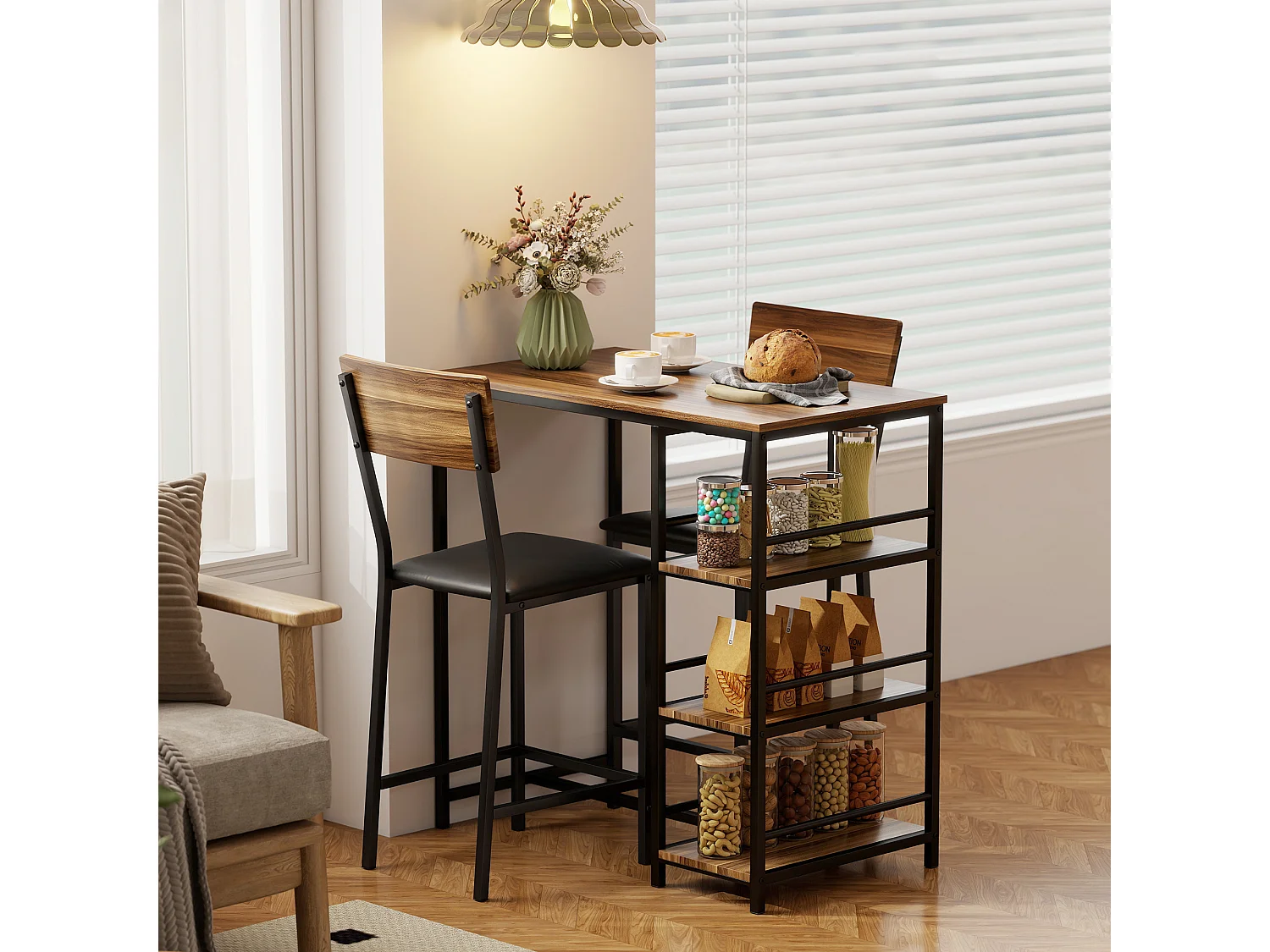 Tavolo bar con 2 sgabelli con 3 ripiani schienale e imbottitura pelle pu