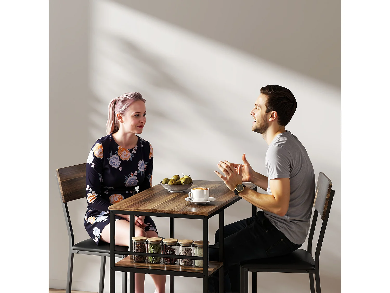 Tavolo bar con 2 sgabelli con 3 ripiani schienale e imbottitura pelle pu