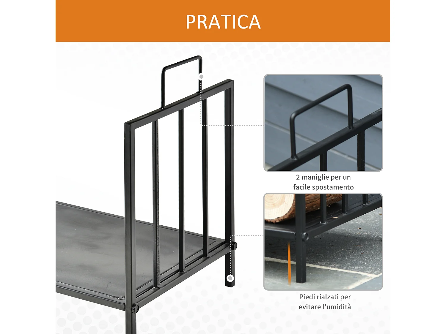 Portalegna 25kg max in metallo con 2 maniglie 44.5x33x46.5 cm nero