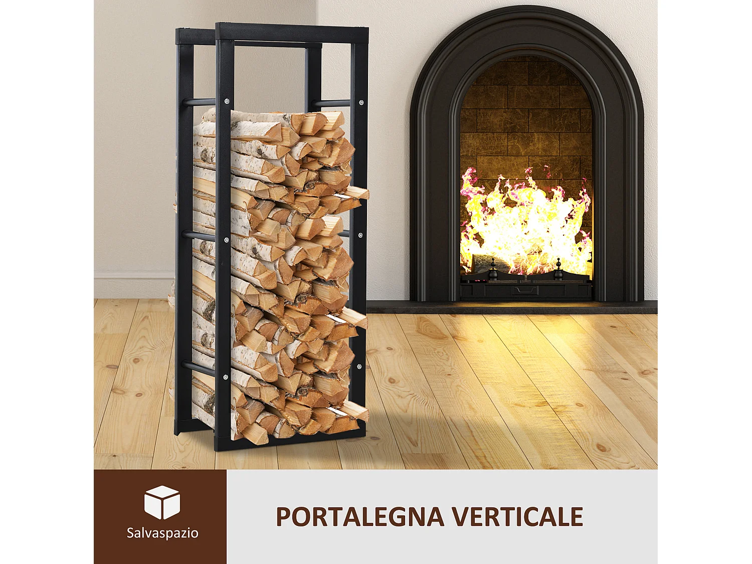 Porta legna verticale in metallo nero da interni e esterni 40x25x100cm