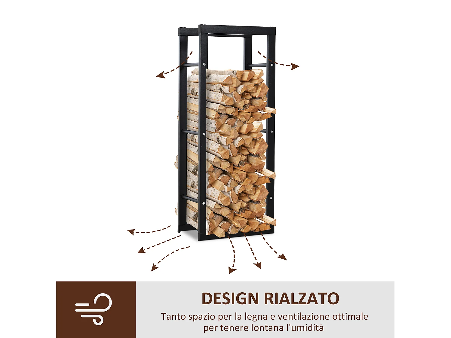 Porta legna verticale in metallo nero da interni e esterni 40x25x100cm