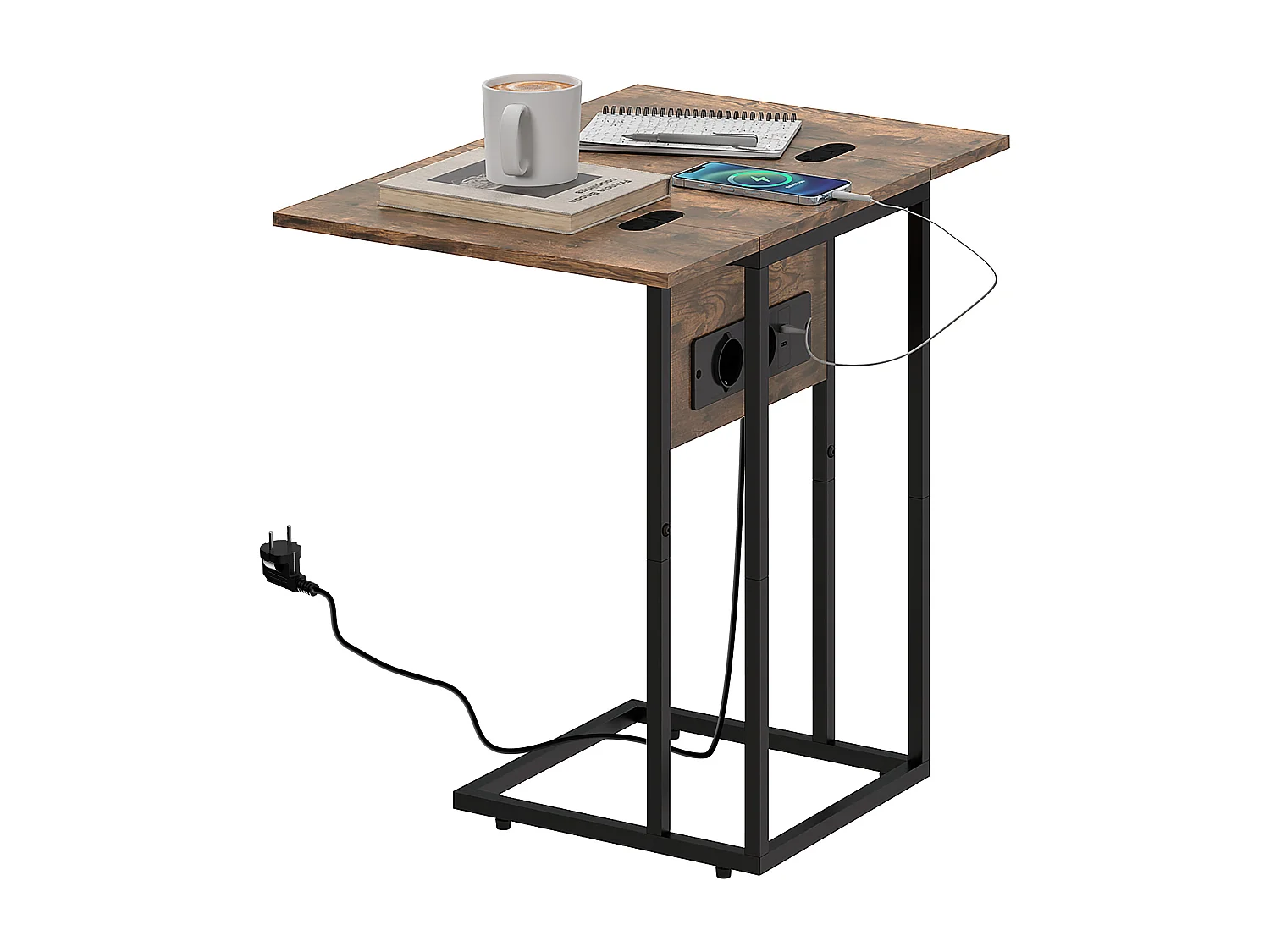 Tavolino salotto a forma di c con piano espandibile e stazione di ricarica