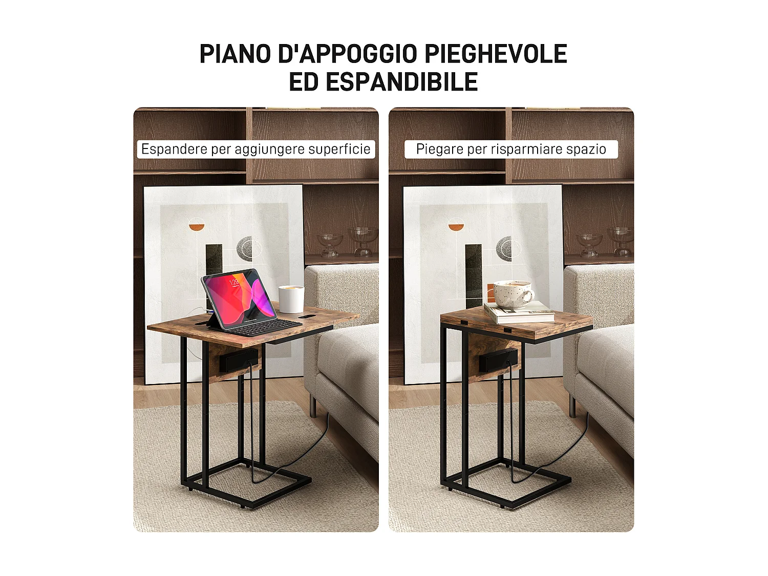 Tavolino salotto a forma di c con piano espandibile e stazione di ricarica