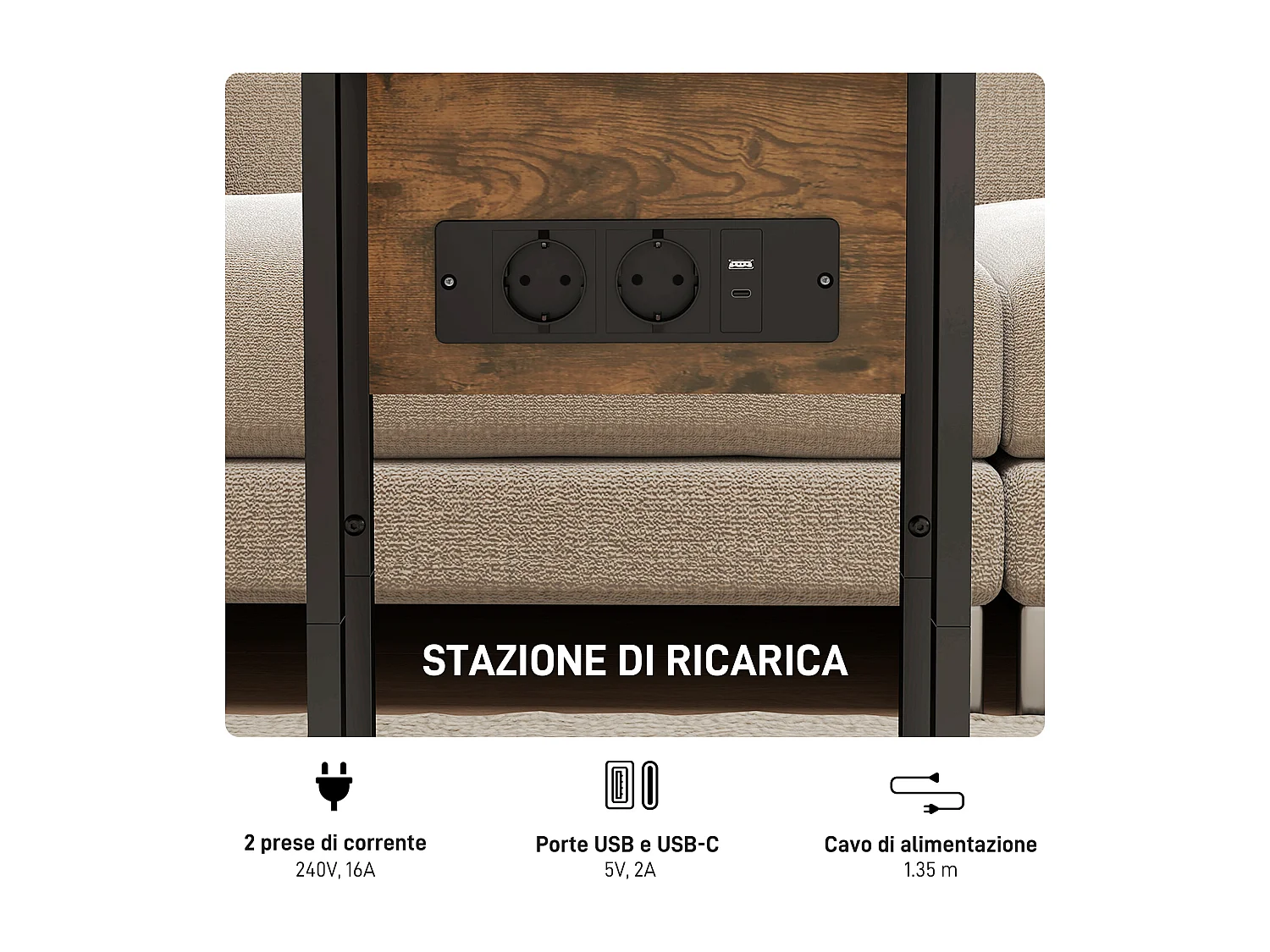 Tavolino salotto a forma di c con piano espandibile e stazione di ricarica