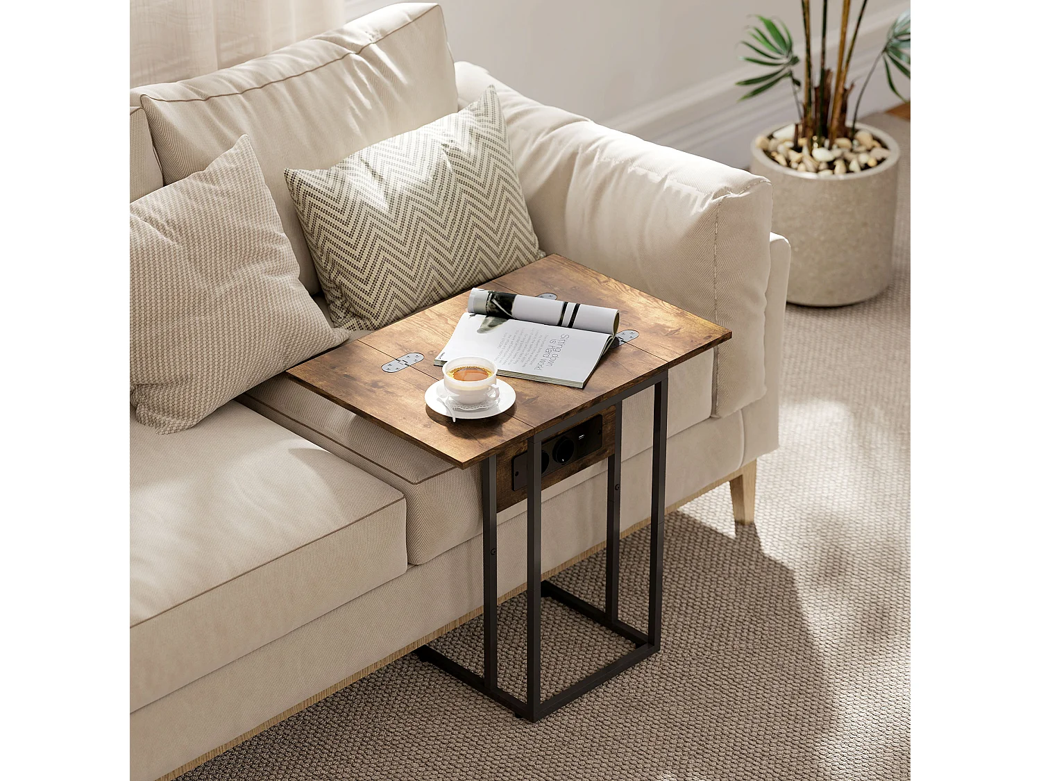 Tavolino salotto a forma di c con piano espandibile e stazione di ricarica