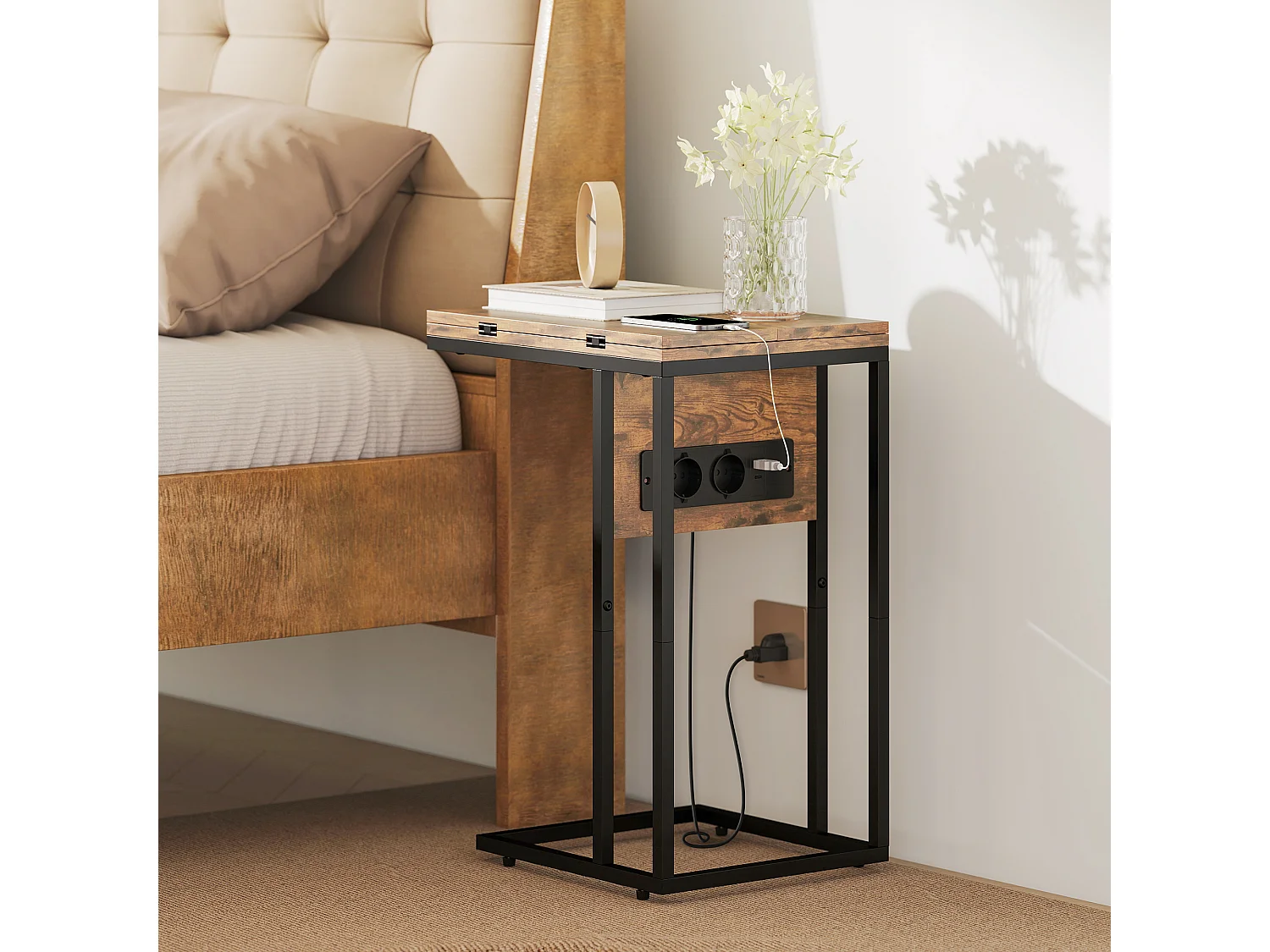 Tavolino salotto a forma di c con piano espandibile e stazione di ricarica