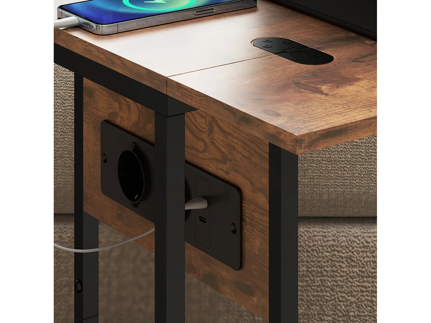 Tavolino salotto a forma di c con piano espandibile e stazione di ricarica