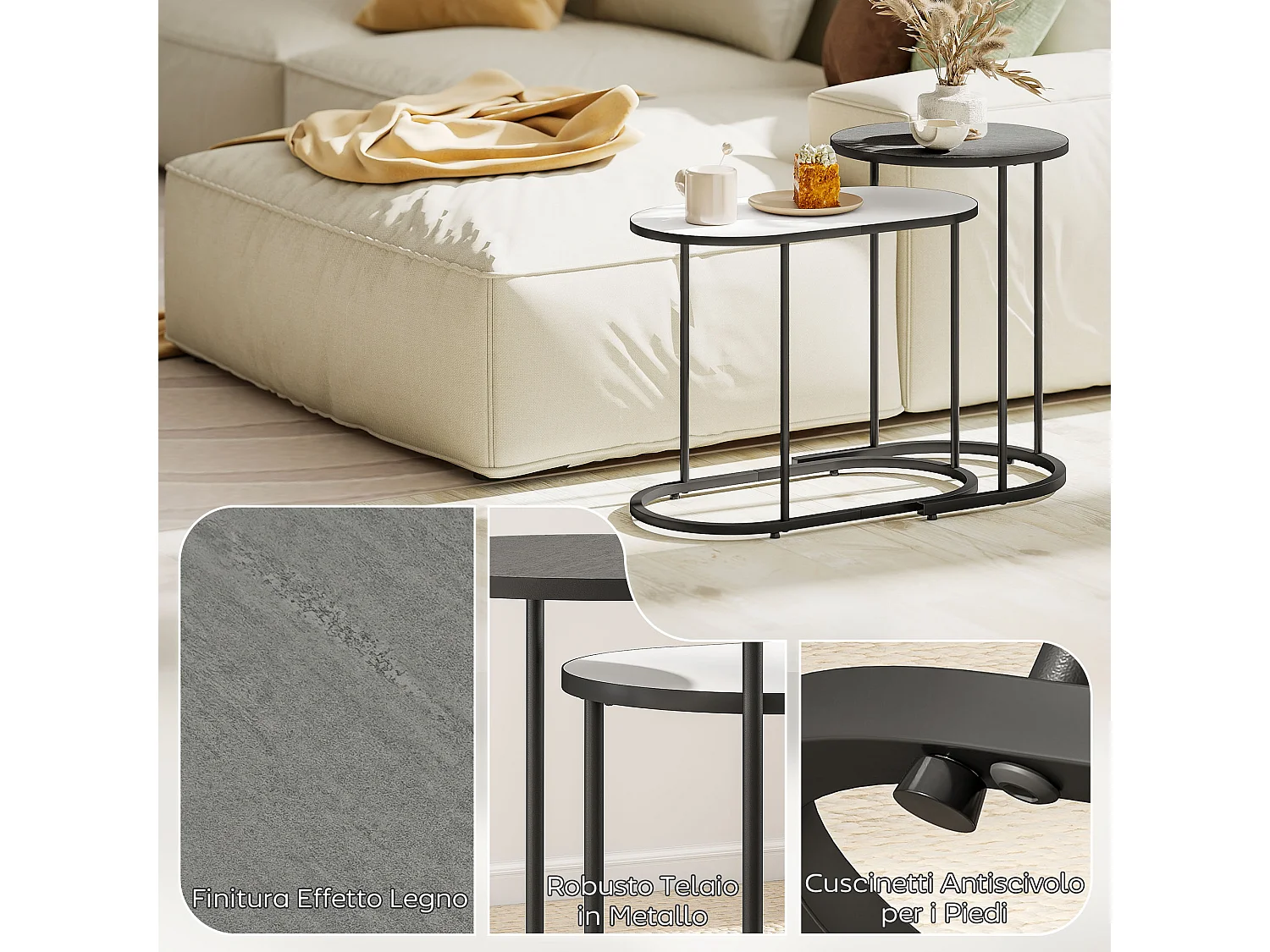 Set di 2 tavolini da salotto impilabili tavolini bassi con telaio in metallo per soggiorno