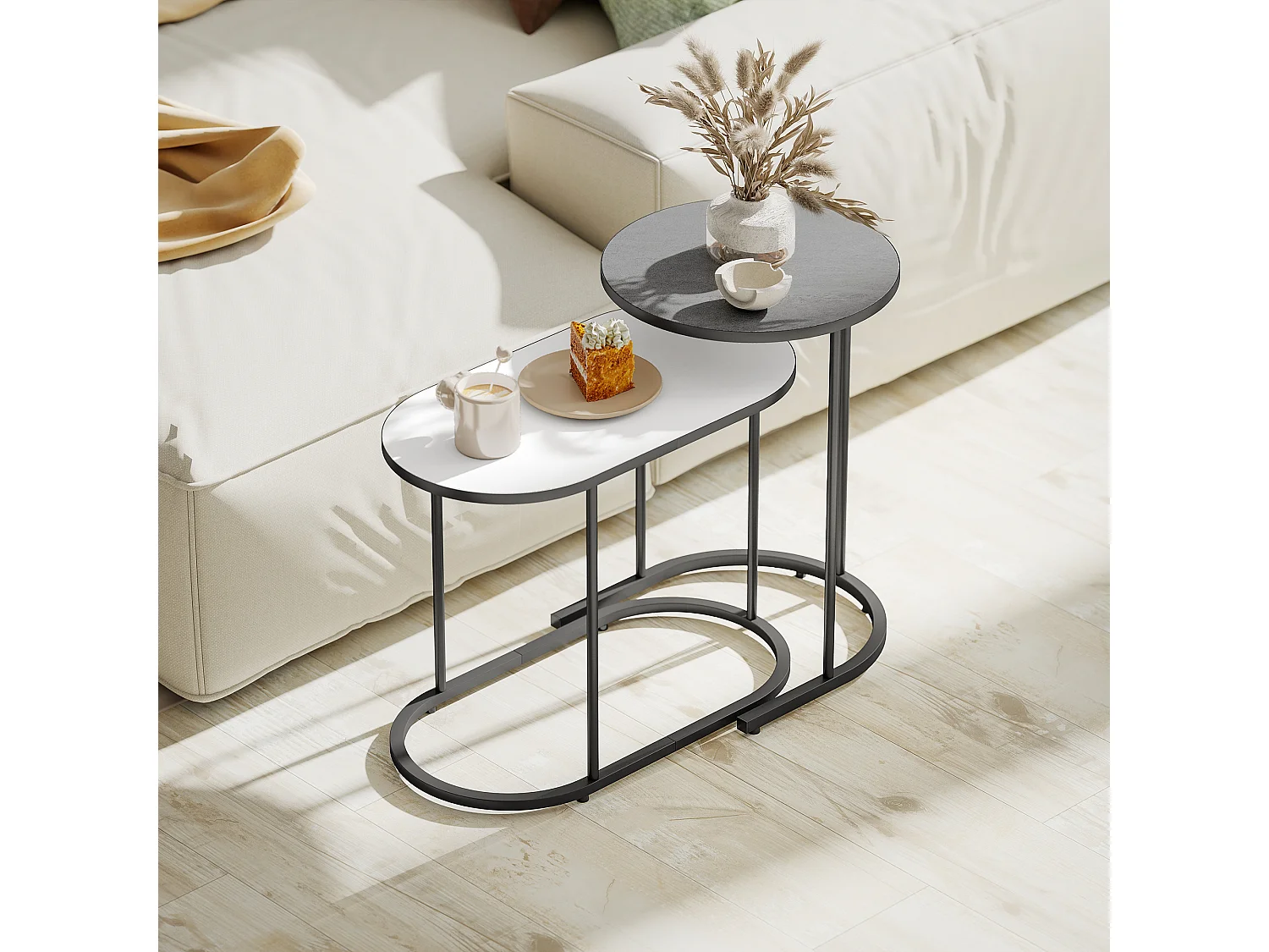 Set di 2 tavolini da salotto impilabili tavolini bassi con telaio in metallo per soggiorno