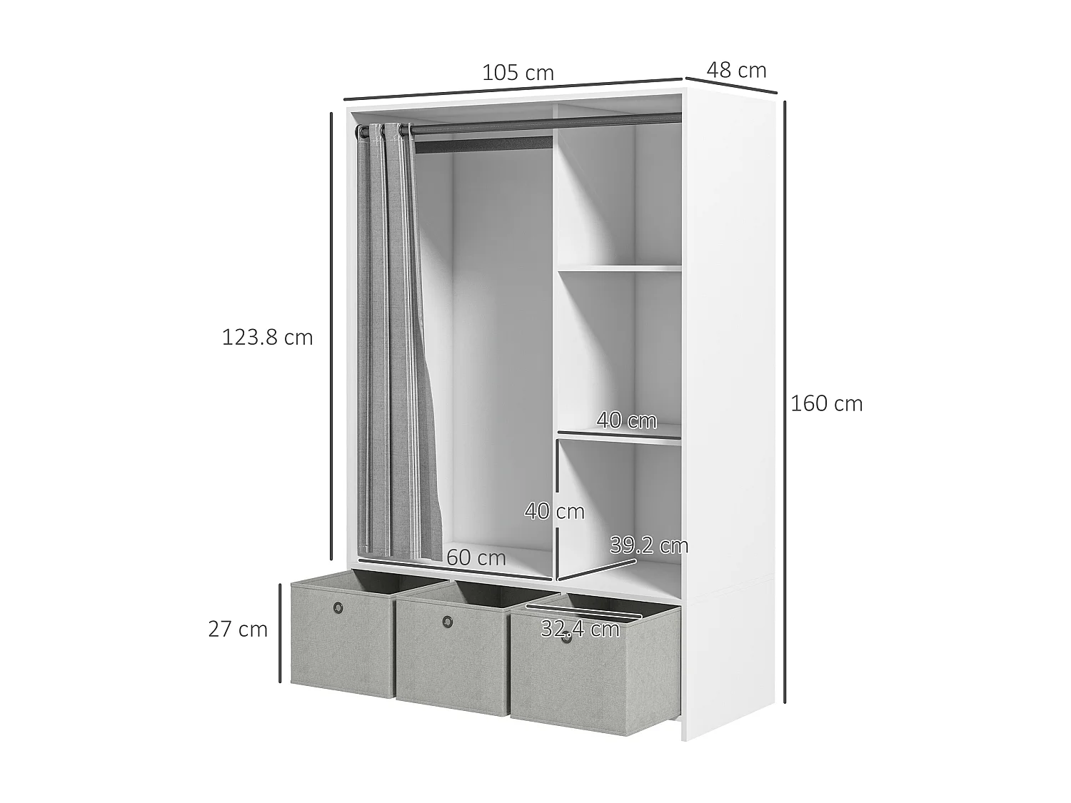 Guardaroba con guida per appendere 3 ripiani e 3 cassetti bianco