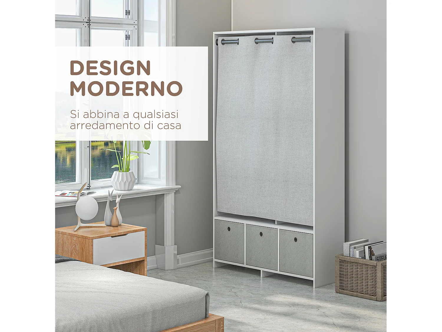 Guardaroba con guida per appendere 3 ripiani e 3 cassetti bianco