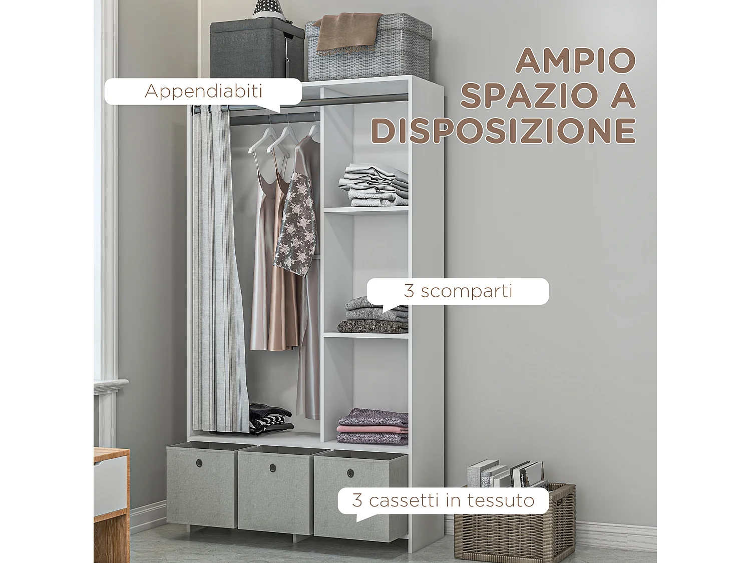 Guardaroba con guida per appendere 3 ripiani e 3 cassetti bianco