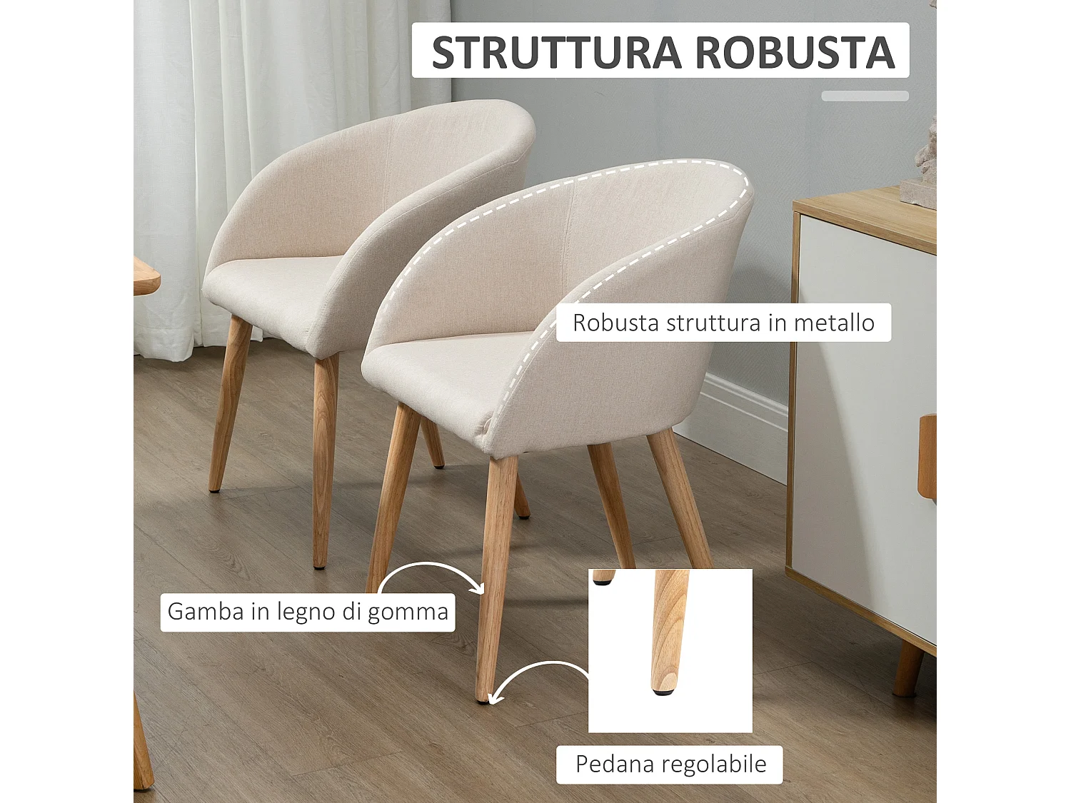 Set di 2 sedie da pranzo stile scandinavo sedie da cucina in tessuto effetto lino