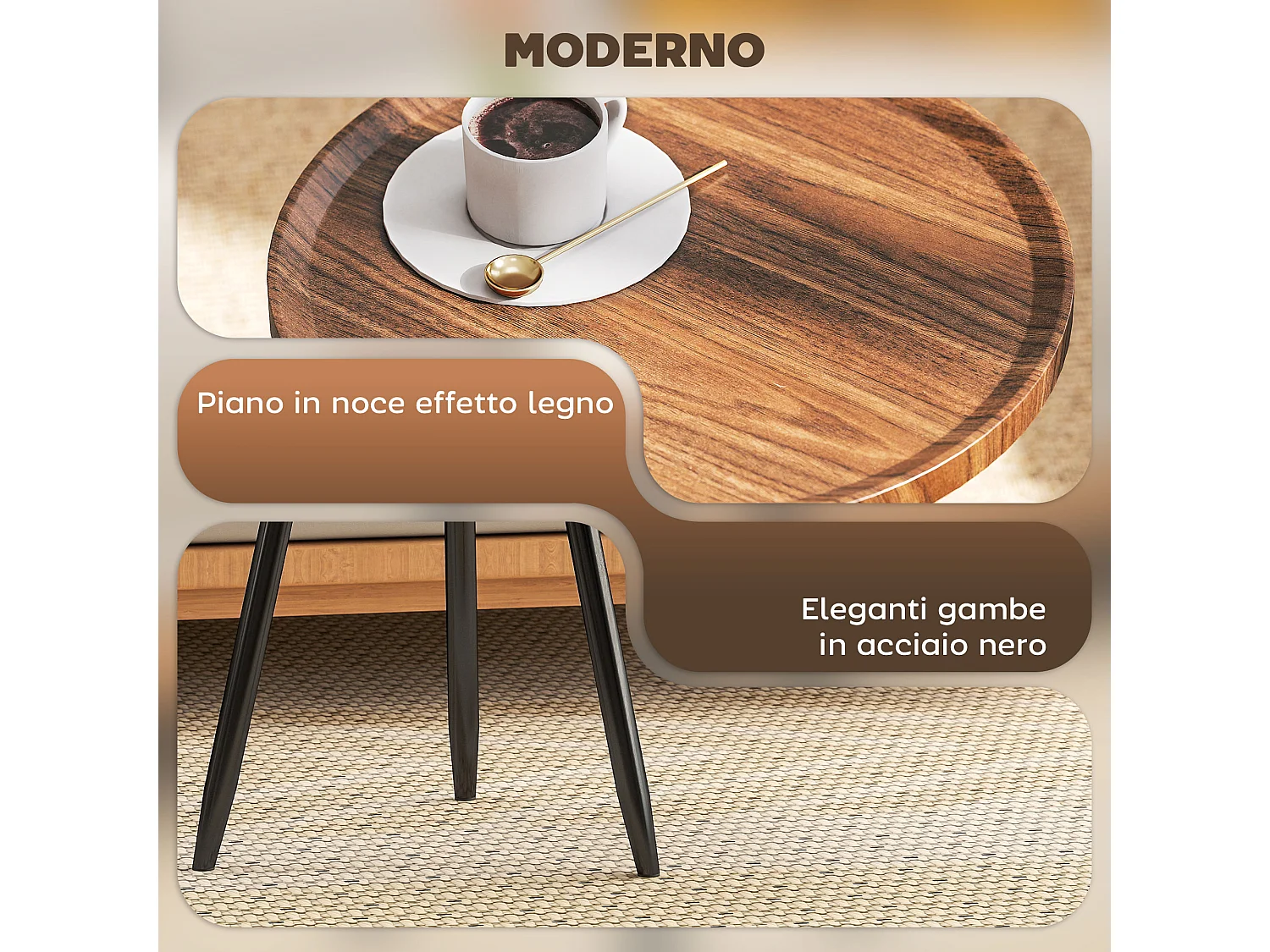 Tavolino da caffè rotondo con bordo rialzato e 3 gambe