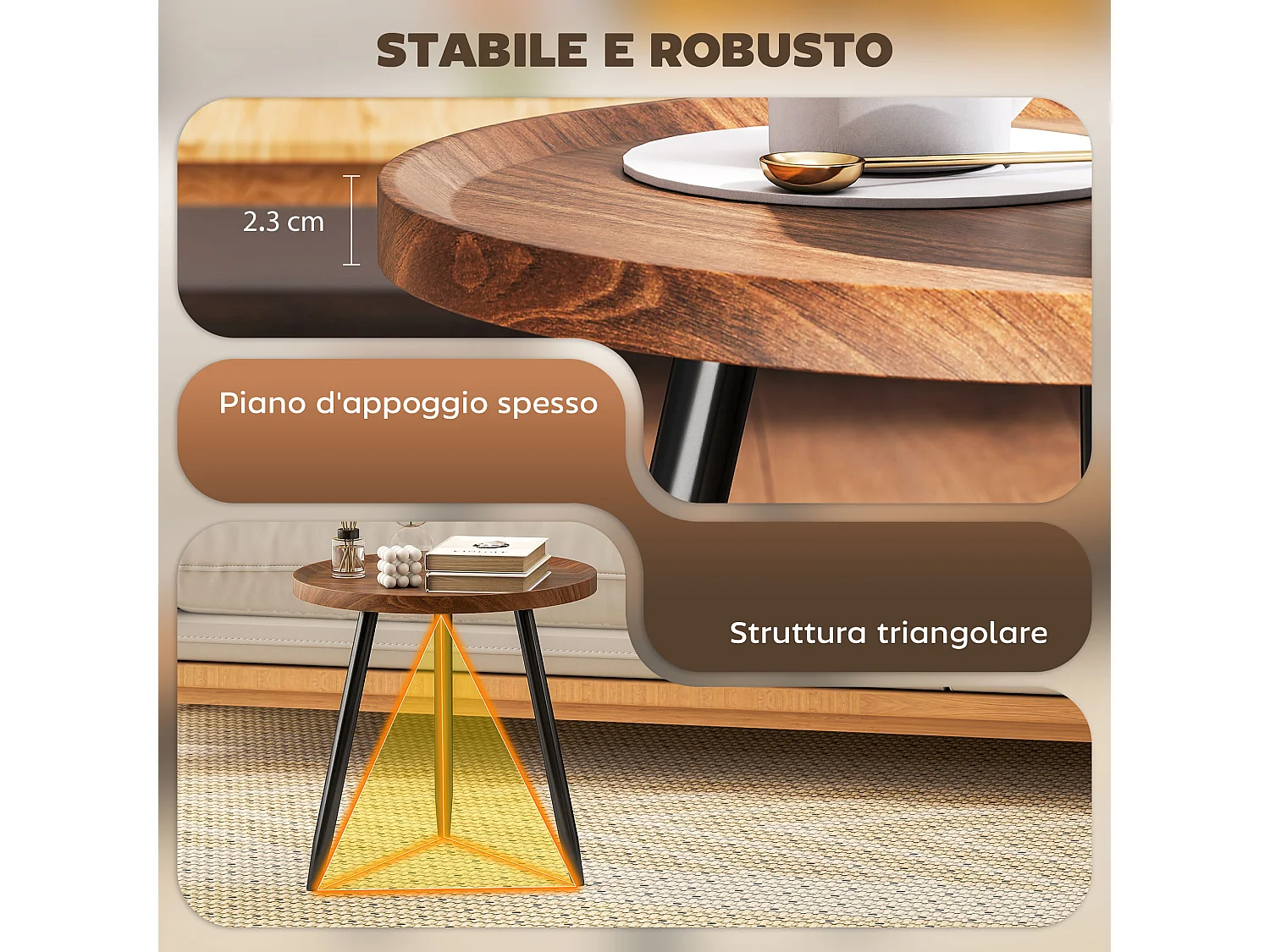 Tavolino da caffè rotondo con bordo rialzato e 3 gambe