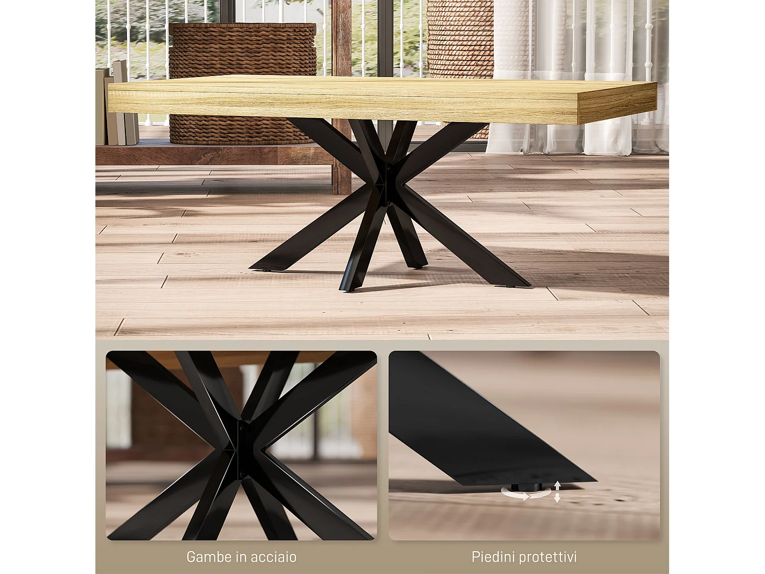 Tavolino da caffè in stile industriale con gambe incrociate e piedini antiscivolo