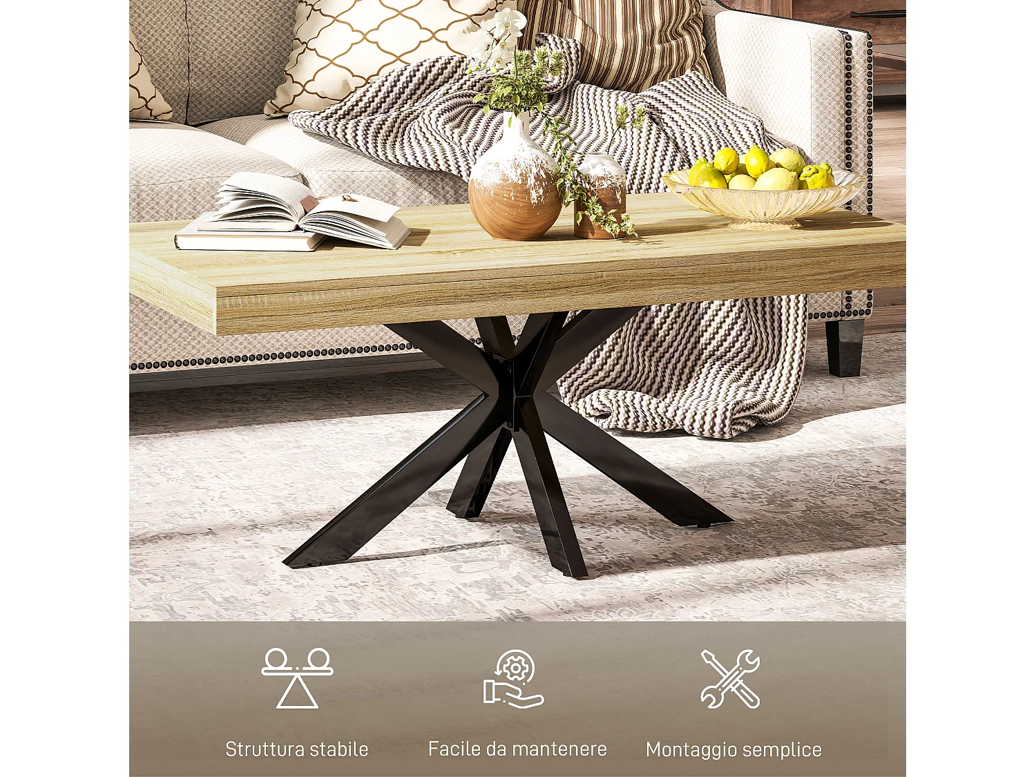 Tavolino da caffè in stile industriale con gambe incrociate e piedini antiscivolo