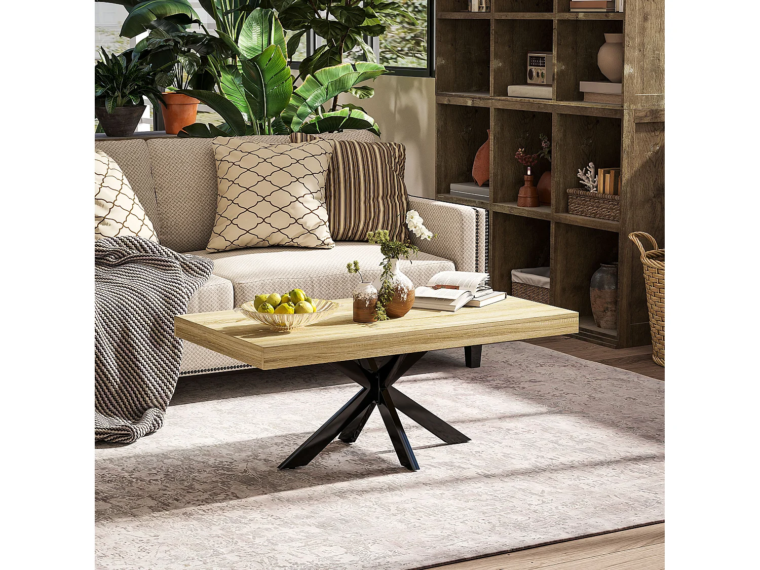 Tavolino da caffè in stile industriale con gambe incrociate e piedini antiscivolo