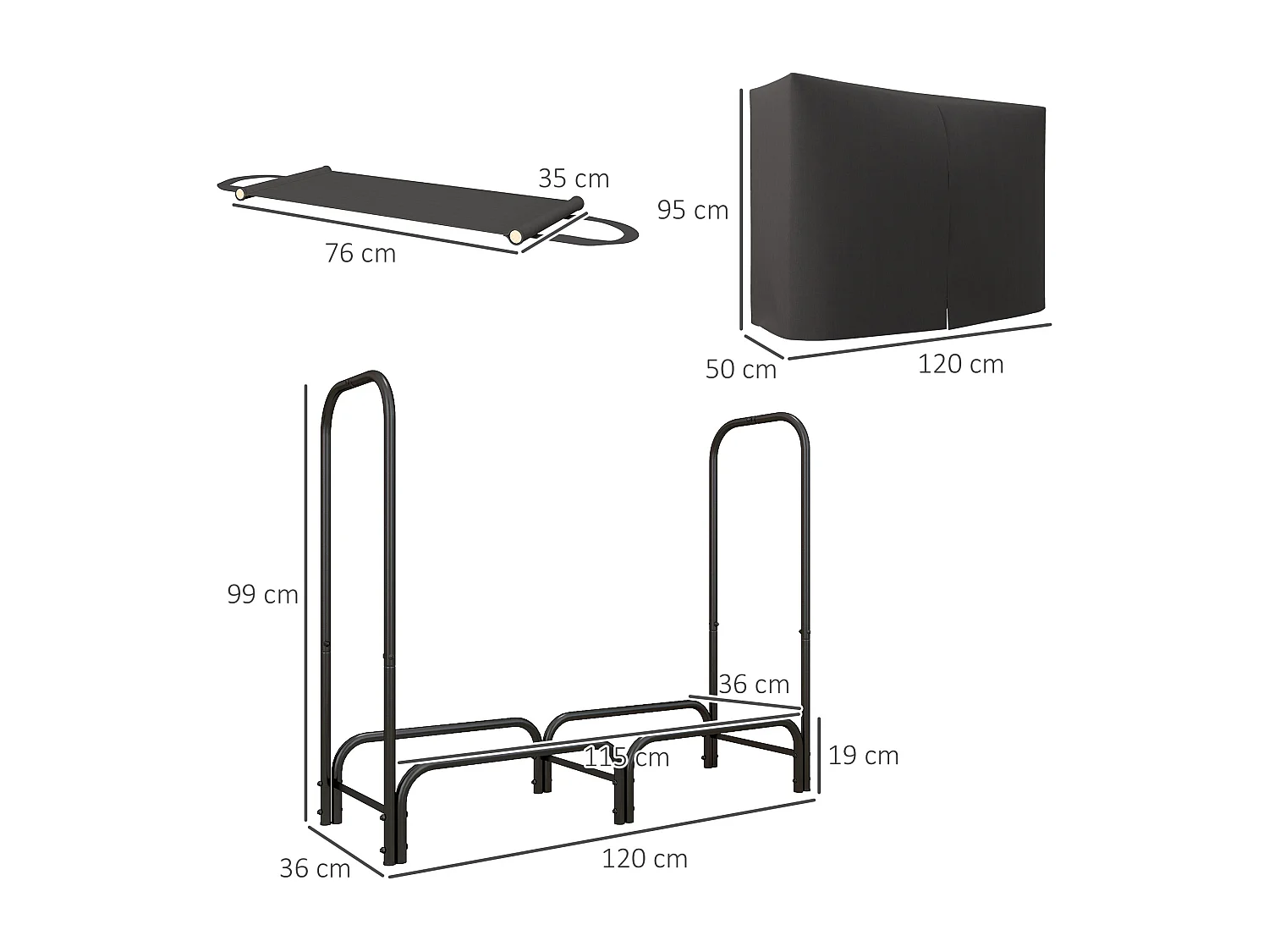 Portalegna regolabile con copertura e telo di trasporto metallo nero