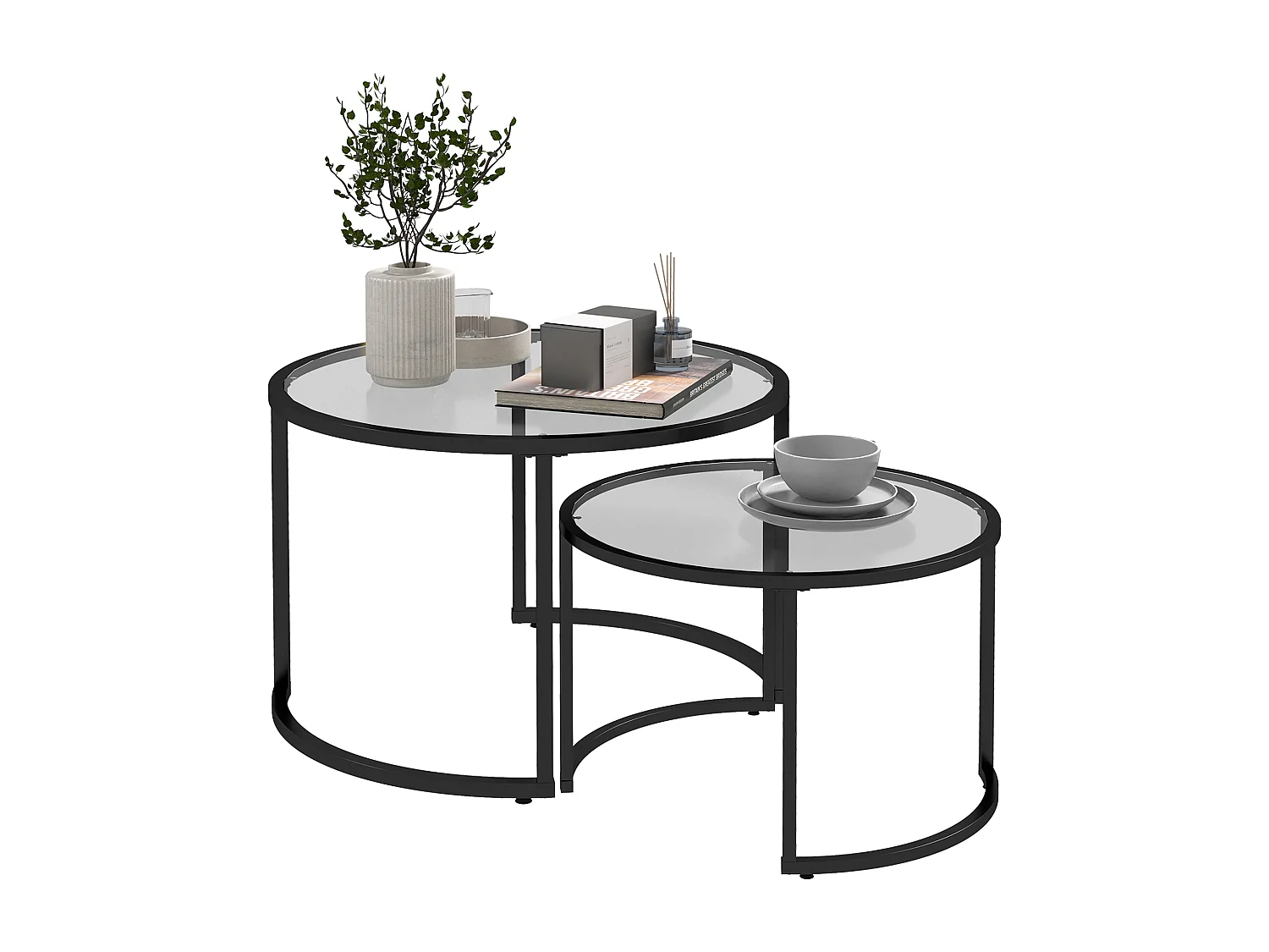 Set di 2 tavolini da caffè sovrapponibili tavolini da salotto impilabili in vetro temperato