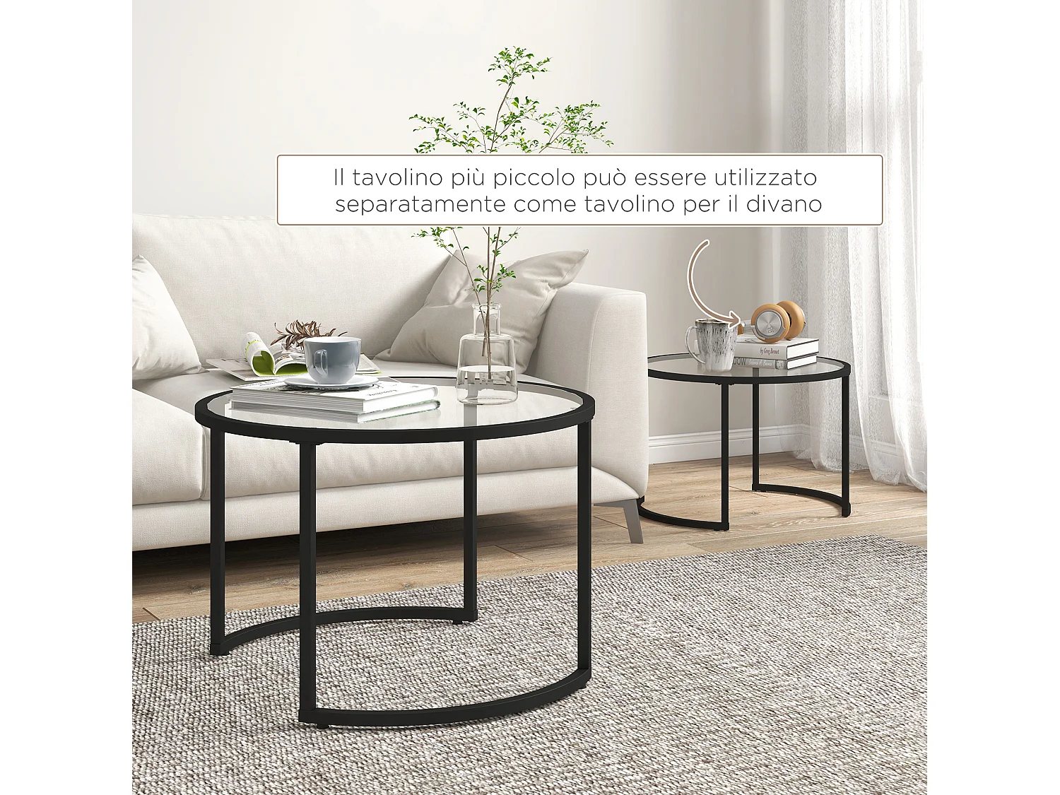 Set di 2 tavolini da caffè sovrapponibili tavolini da salotto impilabili in vetro temperato