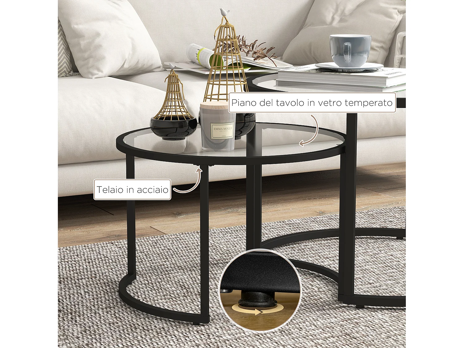 Set di 2 tavolini da caffè sovrapponibili tavolini da salotto impilabili in vetro temperato