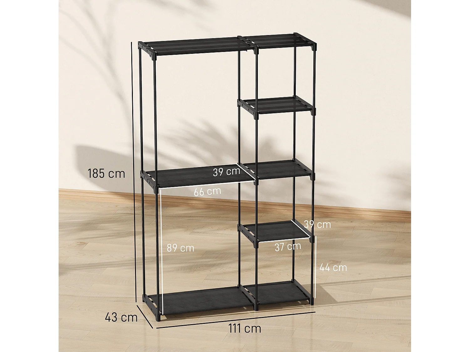 Armadio guardaroba portatile in tessuto nero con 2 aste e 6 ripiani