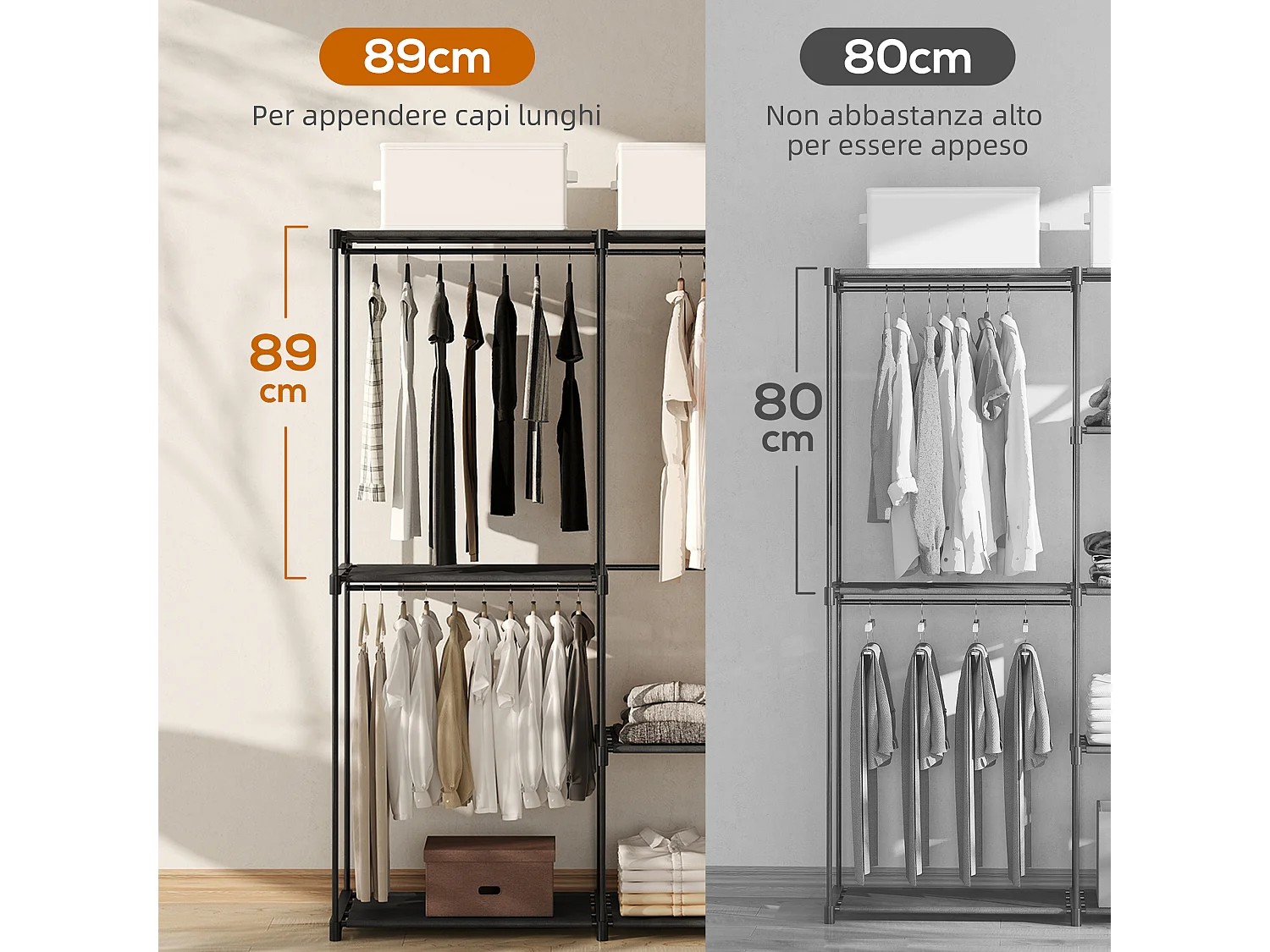 Armadio guardaroba portatile in tessuto nero con 2 aste e 6 ripiani