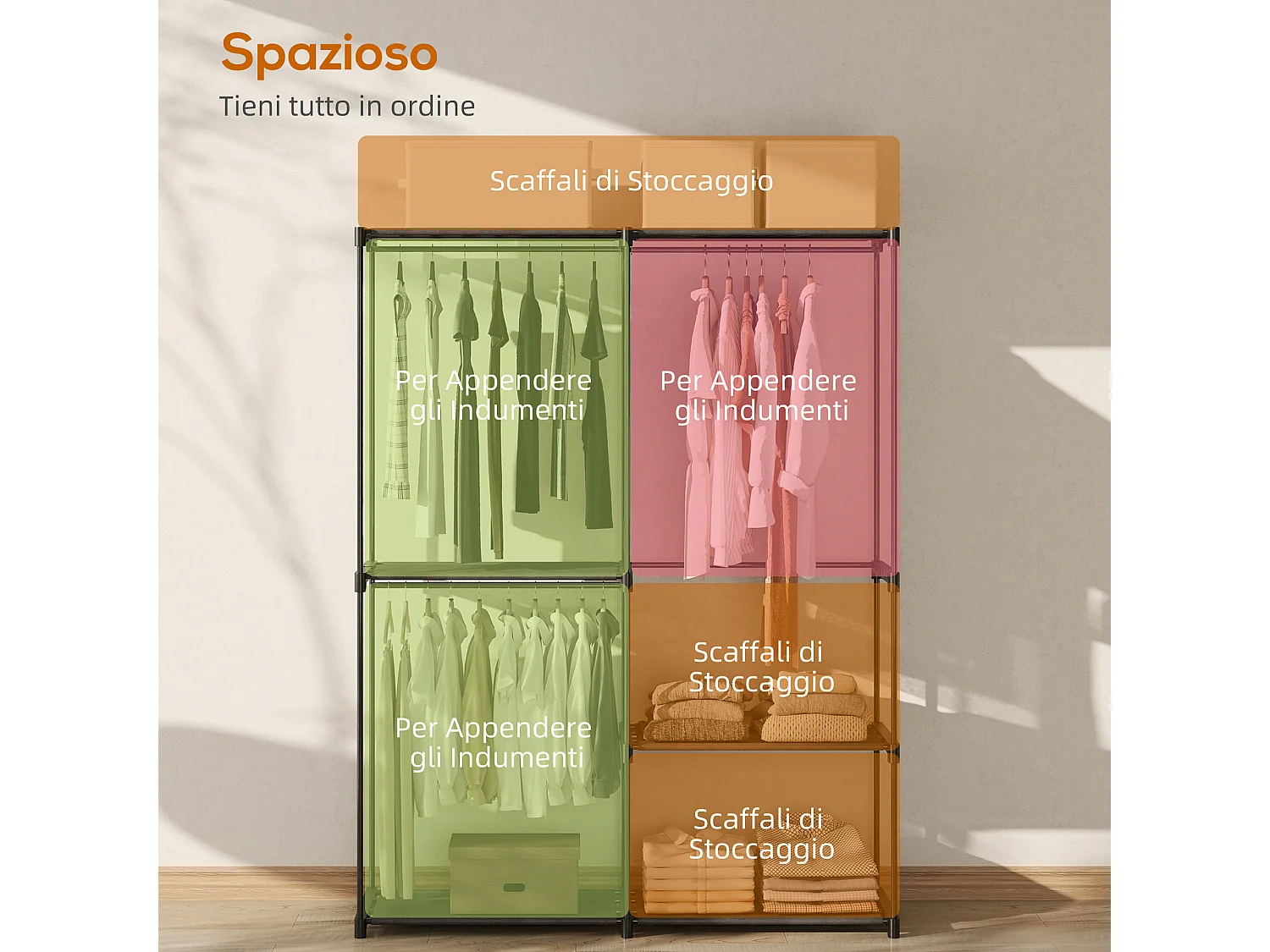 Armadio guardaroba portatile in tessuto nero con 2 aste e 6 ripiani