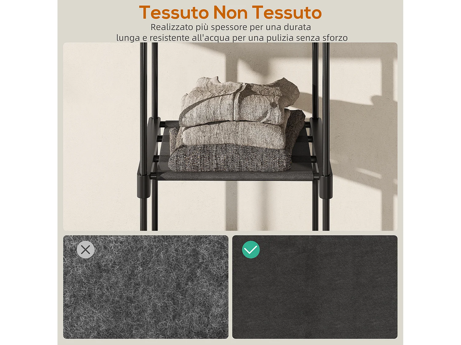 Armadio guardaroba portatile in tessuto nero con 2 aste e 6 ripiani