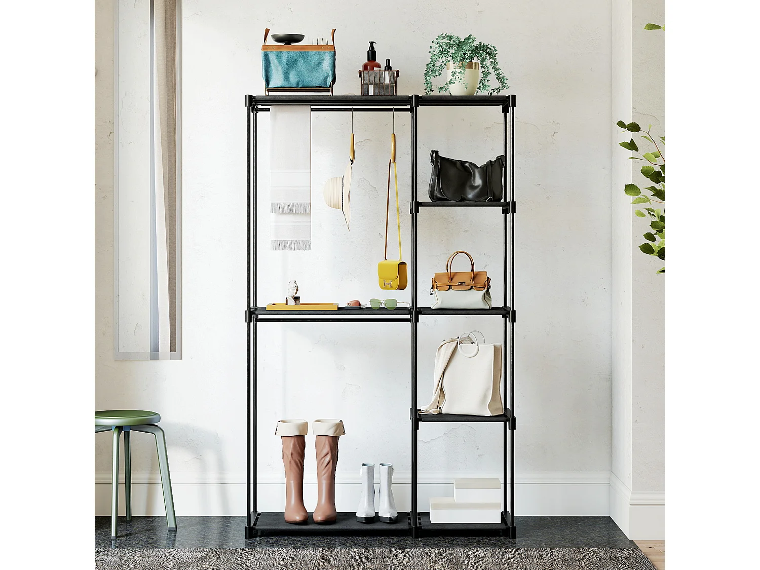 Armadio guardaroba portatile in tessuto nero con 2 aste e 6 ripiani