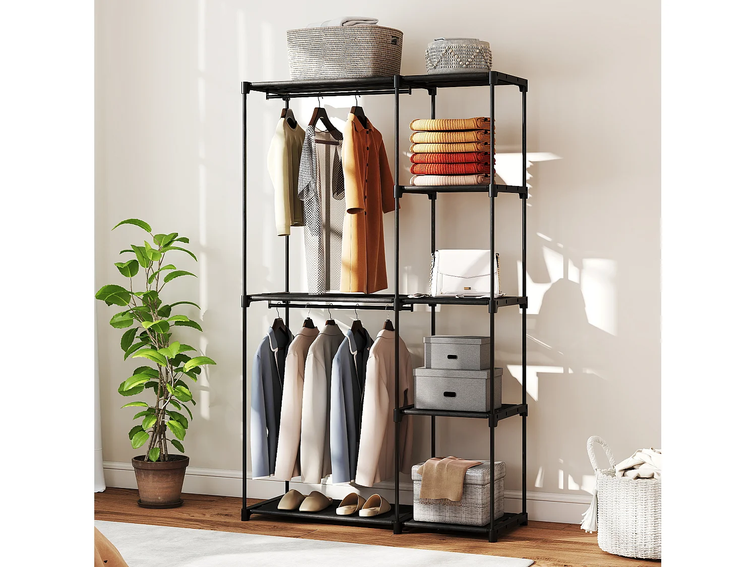 Armadio guardaroba portatile in tessuto nero con 2 aste e 6 ripiani