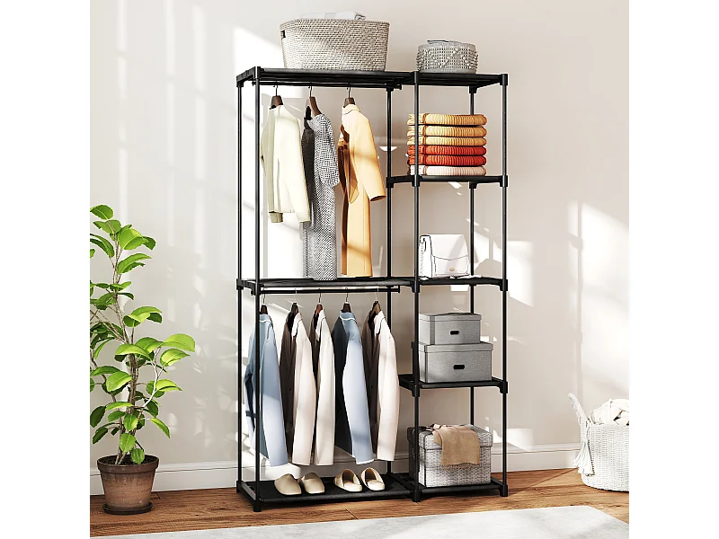 Armadio guardaroba portatile in tessuto nero con 2 aste e 6 ripiani