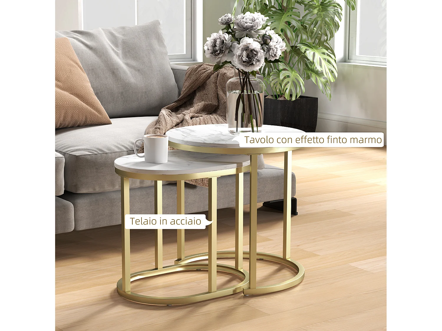 Tavolino salotto sovrapponibili con piano effetto marmo