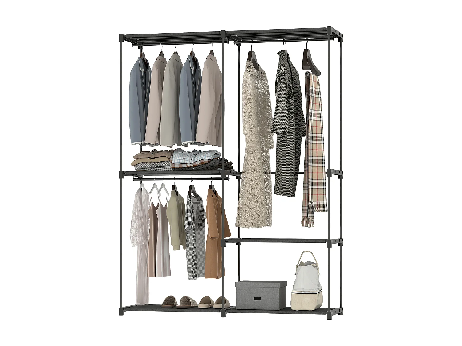 Armadio guardaroba in tessuto nero con 2 aste e 4 ripiani